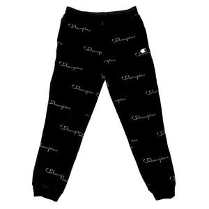 Champion Reverse Weave All Over Logo Print Black Boy 60% cotton Joggers Pants XL